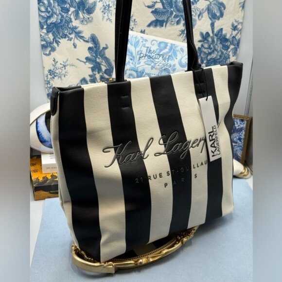 🆕 KARL LAGERFELD PARIS 🧿 NWT Hotel Beach Stripe Tote, Black & White - Picture 4 of 15